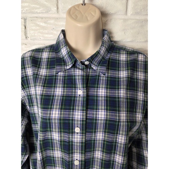 Foxcroft Tops - FOXCROFT button up blouse Women's size 12 Plaid Blue Green long sleeve Flip cuff